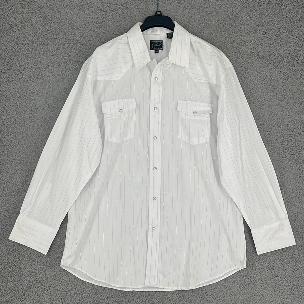 Roper white with metallic lines pearl snap button up long sleeve shirt men’s 2XL
